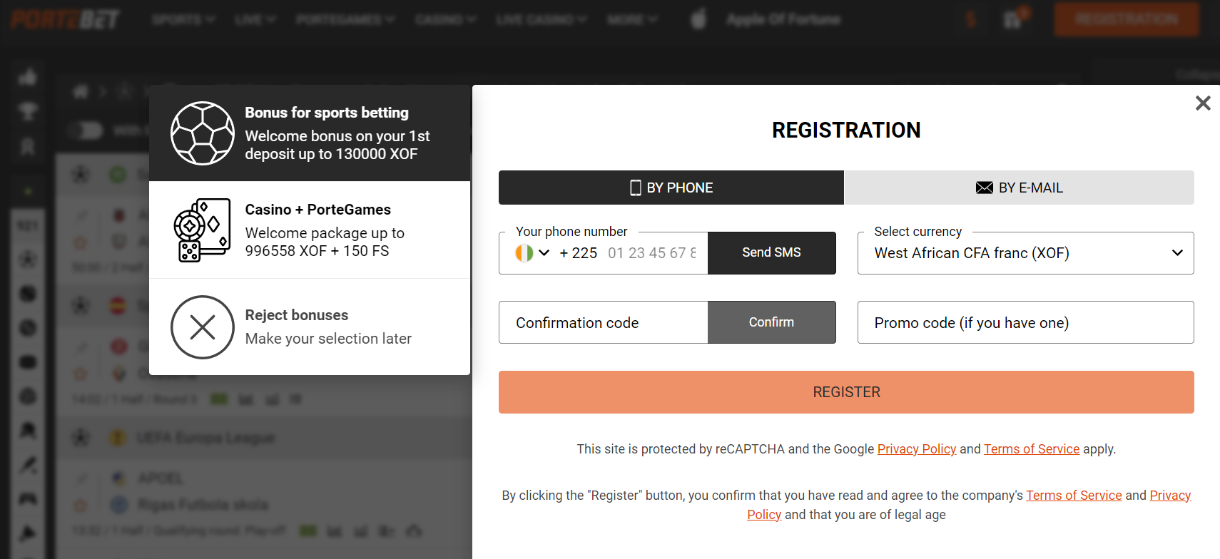 Registration on PorteBet at the Bookmaker Office